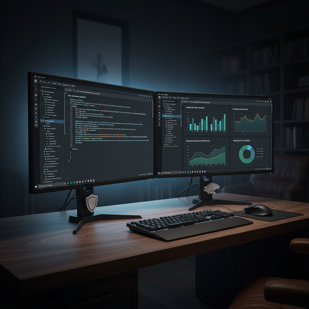 A dark, sophisticated dual-monitor setup in a dimly lit office, with one screen showing clean Python code for data automation and the other a polished dashboard of sales and operations metrics. The matte-black keyboard and mouse rest on a wooden desktop with a faint grain texture. Discreet badges on the monitor base use abstract shield and beaver-like silhouettes to allude to Southern New Hampshire University and Oregon State University, rendered as non-text, non-branded shapes. A cool blue backlight glows behind the screens, creating a focused, high-tech ambiance. Photographic realism, three-quarter angle shot, strong contrast between screens and dark surroundings to emphasize automation and analytics expertise.