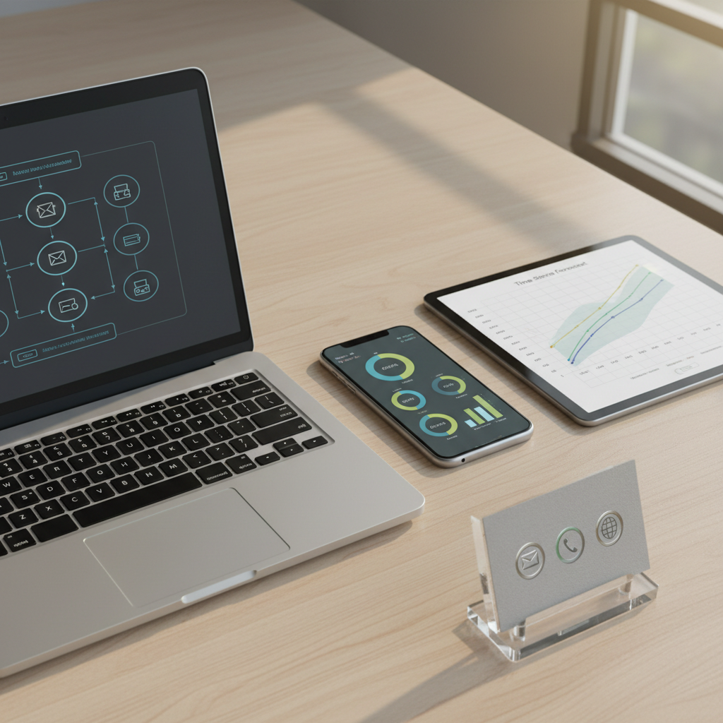 An elegant flat-lay composition of a silver laptop partially open, its screen filled with a complex yet clean data model diagram and interconnected flow arrows. Beside it lie a tablet showing a time-series forecast chart and a smartphone with a compact dashboard of key performance indicators. On the desk, a small acrylic stand displays an abstract business card layout with simple iconography hinting at email, phone, and web contact info, without legible text. Soft morning window light from the right creates gentle highlights and long, calm shadows across the wooden surface. Photographic realism, top-down perspective, minimalistic, conveying organized, accessible business intelligence.