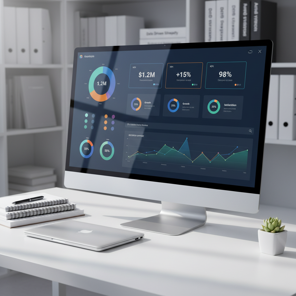 A sleek, ultra-wide computer monitor displaying a vibrant, interactive business dashboard filled with colorful charts, KPI cards, and trend lines, set on a clean white desk. Around the monitor are neatly stacked notebooks, a closed silver laptop, and a minimalist desk plant suggesting an organized analytics workspace. Soft studio lighting from the left creates subtle reflections on the screen and desk surface, with gentle shadows adding depth. The background is softly blurred shelves of analytical reports and binders. Shot at eye level with a slight angle, photographic realism, sharp focus on the dashboard, creating a professional, focused mood that highlights data analytics as a tool for decision making.