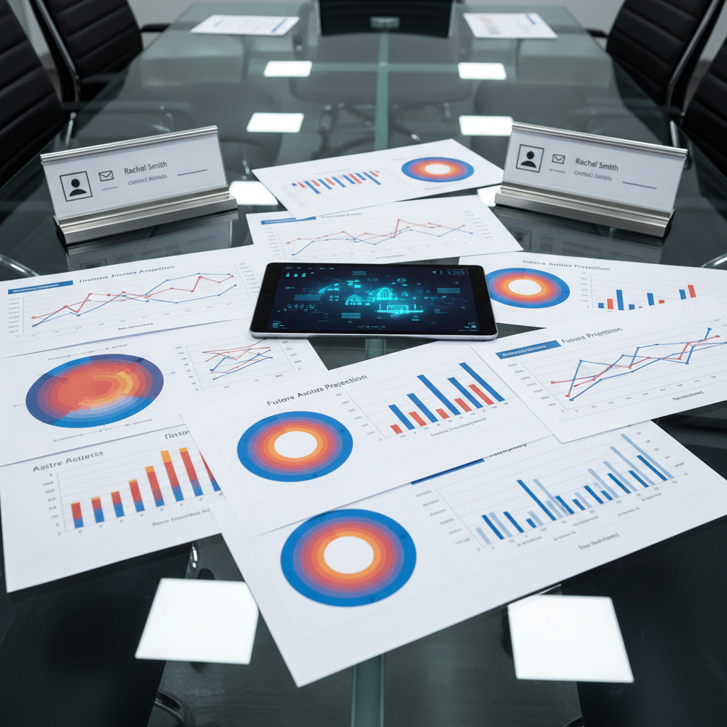 A modern, glass-topped conference table covered with printed analytics reports: heat maps, bar charts, and forecasting graphs spread in an organized pattern. At the center, a slim tablet displays an interactive dashboard with glowing data visualizations. Two minimalist metal-and-acrylic nameplates on the table subtly include placeholder elements that imply “Rachel Smith” and “contact details” through icons and layout, without legible text. Overhead, cool white office lighting casts even illumination, creating crisp highlights on the glass and polished metal. Shot from a slightly elevated angle, photographic realism, with a professional, results-driven atmosphere suitable for a portfolio homepage hero image about transforming data into insights.