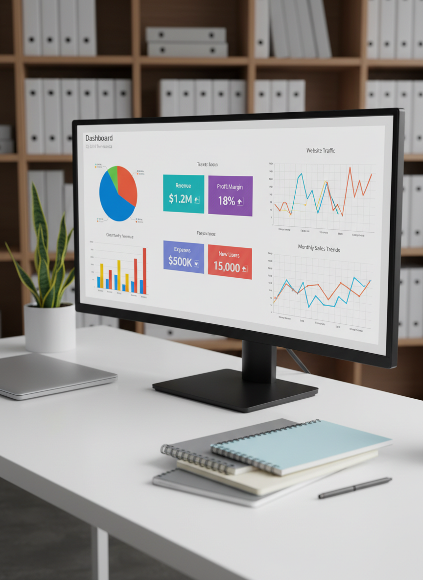 A sleek, ultra-wide computer monitor displaying a vibrant, interactive business dashboard filled with colorful charts, KPI cards, and trend lines, set on a clean white desk. Around the monitor are neatly stacked notebooks, a closed silver laptop, and a minimalist desk plant suggesting an organized analytics workspace. Soft studio lighting from the left creates subtle reflections on the screen and desk surface, with gentle shadows adding depth. The background is softly blurred shelves of analytical reports and binders. Shot at eye level with a slight angle, photographic realism, sharp focus on the dashboard, creating a professional, focused mood that highlights data analytics as a tool for decision making.