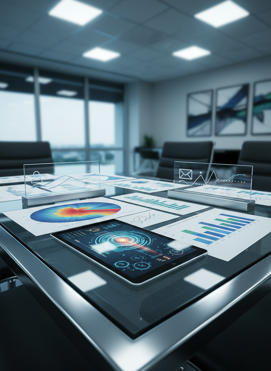 A modern, glass-topped conference table covered with printed analytics reports: heat maps, bar charts, and forecasting graphs spread in an organized pattern. At the center, a slim tablet displays an interactive dashboard with glowing data visualizations. Two minimalist metal-and-acrylic nameplates on the table subtly include placeholder elements that imply “Rachel Smith” and “contact details” through icons and layout, without legible text. Overhead, cool white office lighting casts even illumination, creating crisp highlights on the glass and polished metal. Shot from a slightly elevated angle, photographic realism, with a professional, results-driven atmosphere suitable for a portfolio homepage hero image about transforming data into insights.