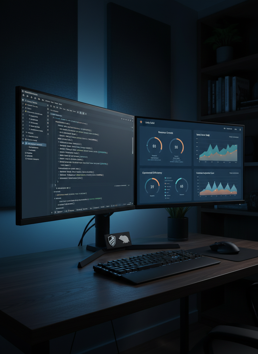 A dark, sophisticated dual-monitor setup in a dimly lit office, with one screen showing clean Python code for data automation and the other a polished dashboard of sales and operations metrics. The matte-black keyboard and mouse rest on a wooden desktop with a faint grain texture. Discreet badges on the monitor base use abstract shield and beaver-like silhouettes to allude to Southern New Hampshire University and Oregon State University, rendered as non-text, non-branded shapes. A cool blue backlight glows behind the screens, creating a focused, high-tech ambiance. Photographic realism, three-quarter angle shot, strong contrast between screens and dark surroundings to emphasize automation and analytics expertise.