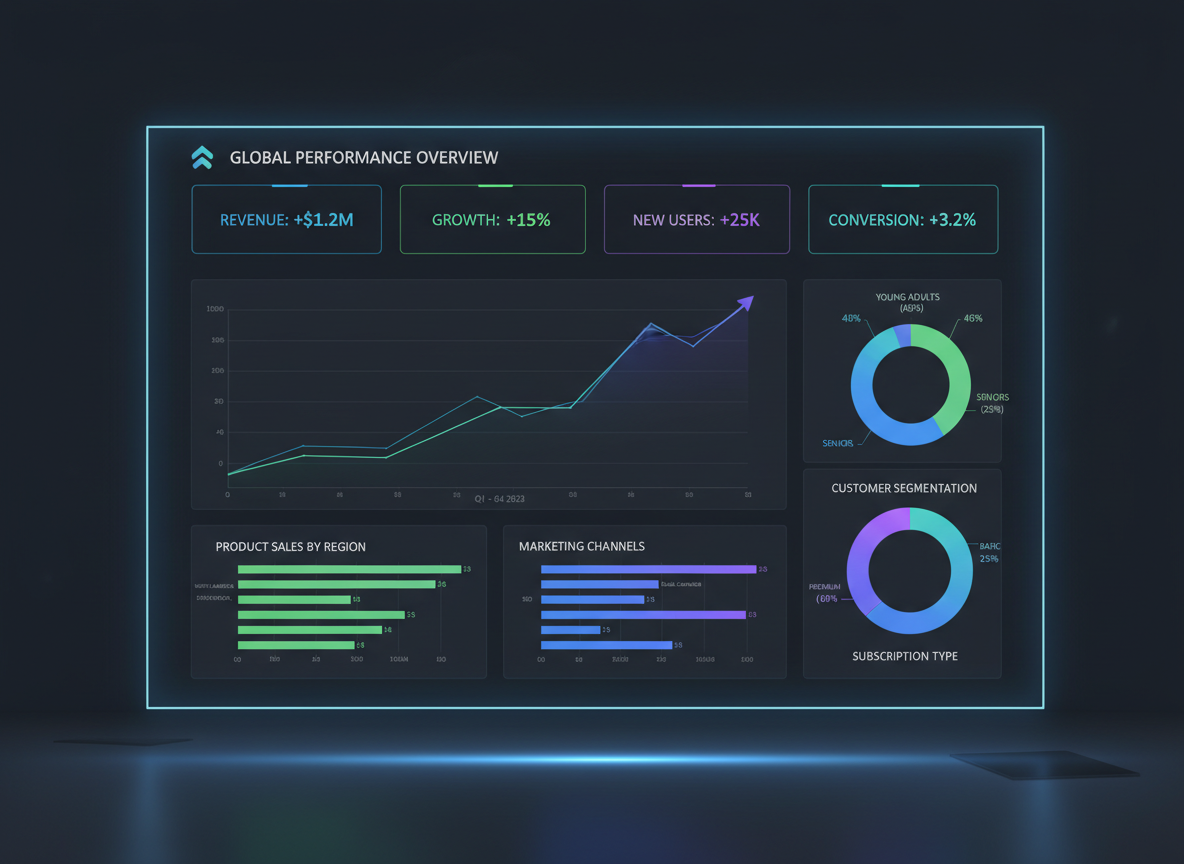 Analytics dashboard showing multiple chart types including line graphs, bar charts, pie charts, and KPI metric cards on a dark background with vibrant accent colors