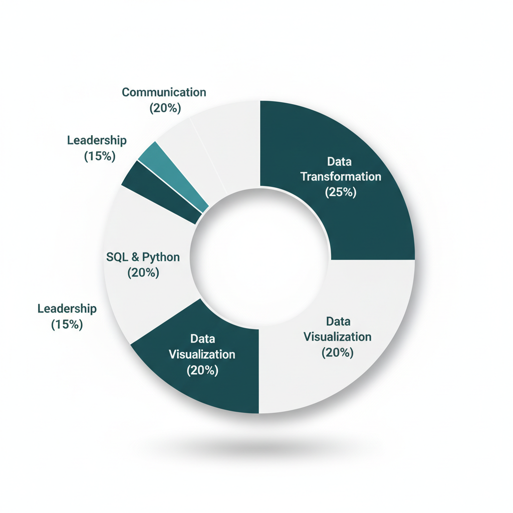 Skills distribution chart showing Communication, Leadership, Data Transformation, Data Visualization, and SQL & Python proficiencies